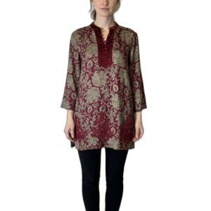 Soft Surroundings Wine Floral Paisley Velvet Embroidered Boho LS Tunic Top Sz L